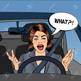 Angry Woman Driver. Aggressive Woman Driving Car. Pop Art. Vector illustration