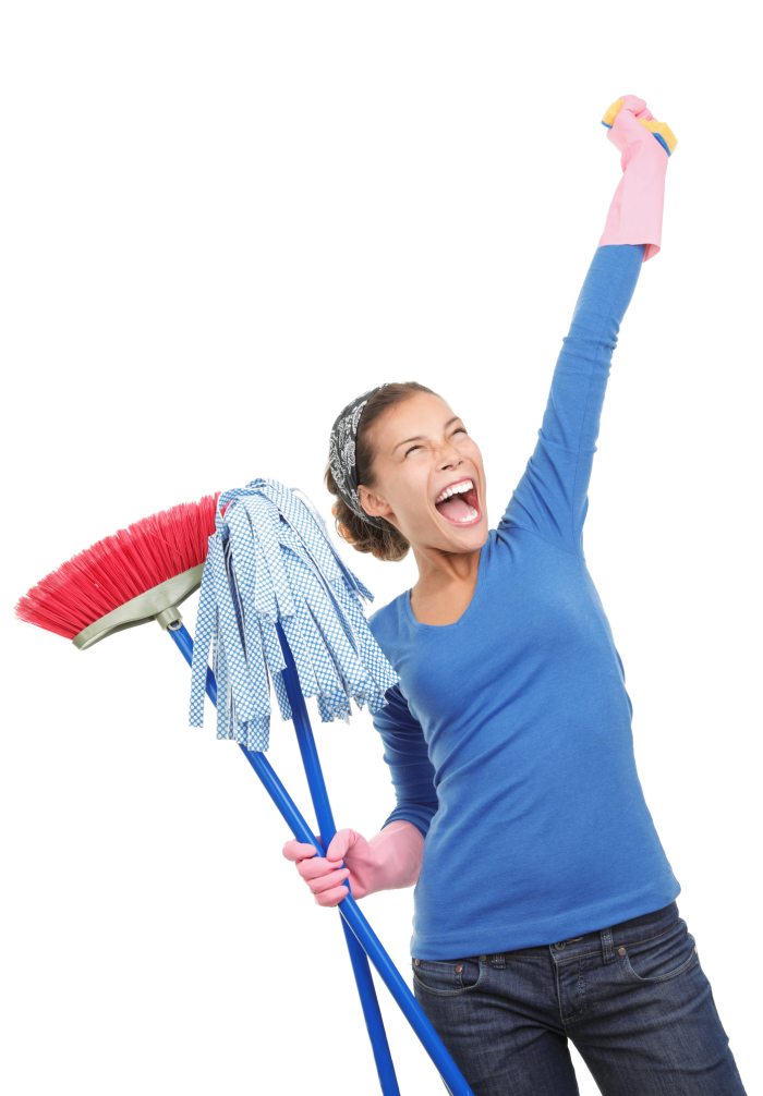Woman done cleaning being very excited and happy. Beautiful mixed race asian / caucasian model isolated on white background.