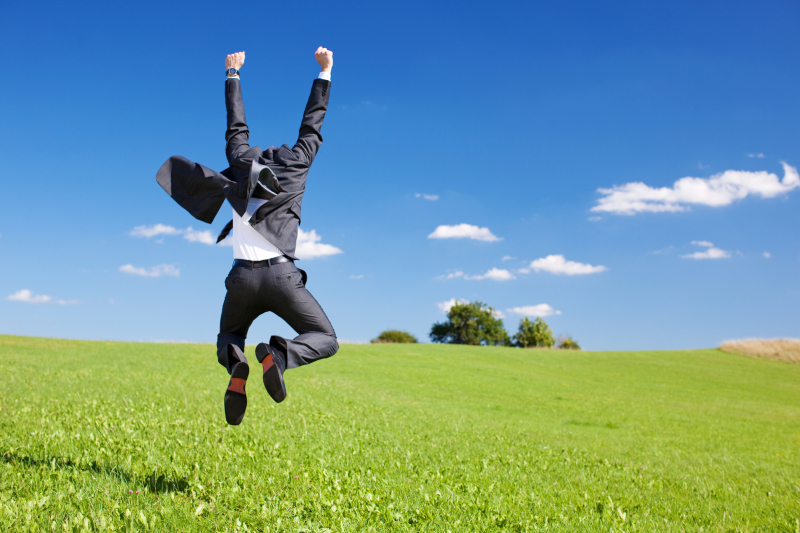 Businessman jumping for joy celebrating a successful achievement in a lush green field under a blue sky