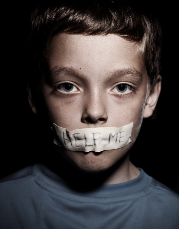Teen with taped mouth, begging for help. Sad, abuse boy. Violence, despair.