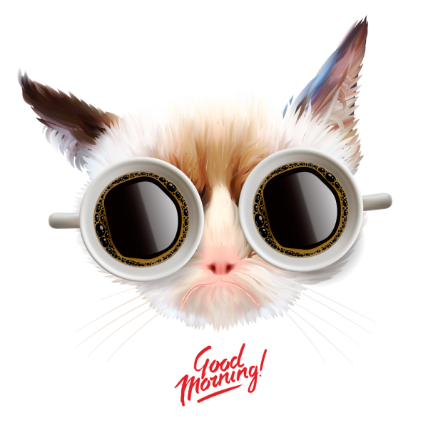 Good morning. Funny cat with cups of coffee glasses, vector illustration.