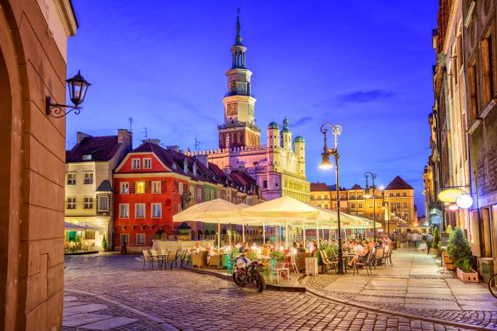 Main square of the old town of Poznan, Poland on a summer day evening.
