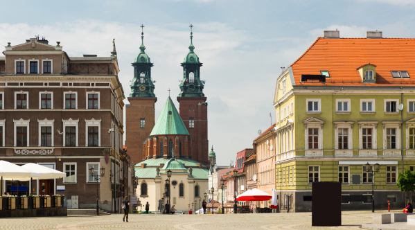 View of Gniezno streets and building historical center, old town in Poland