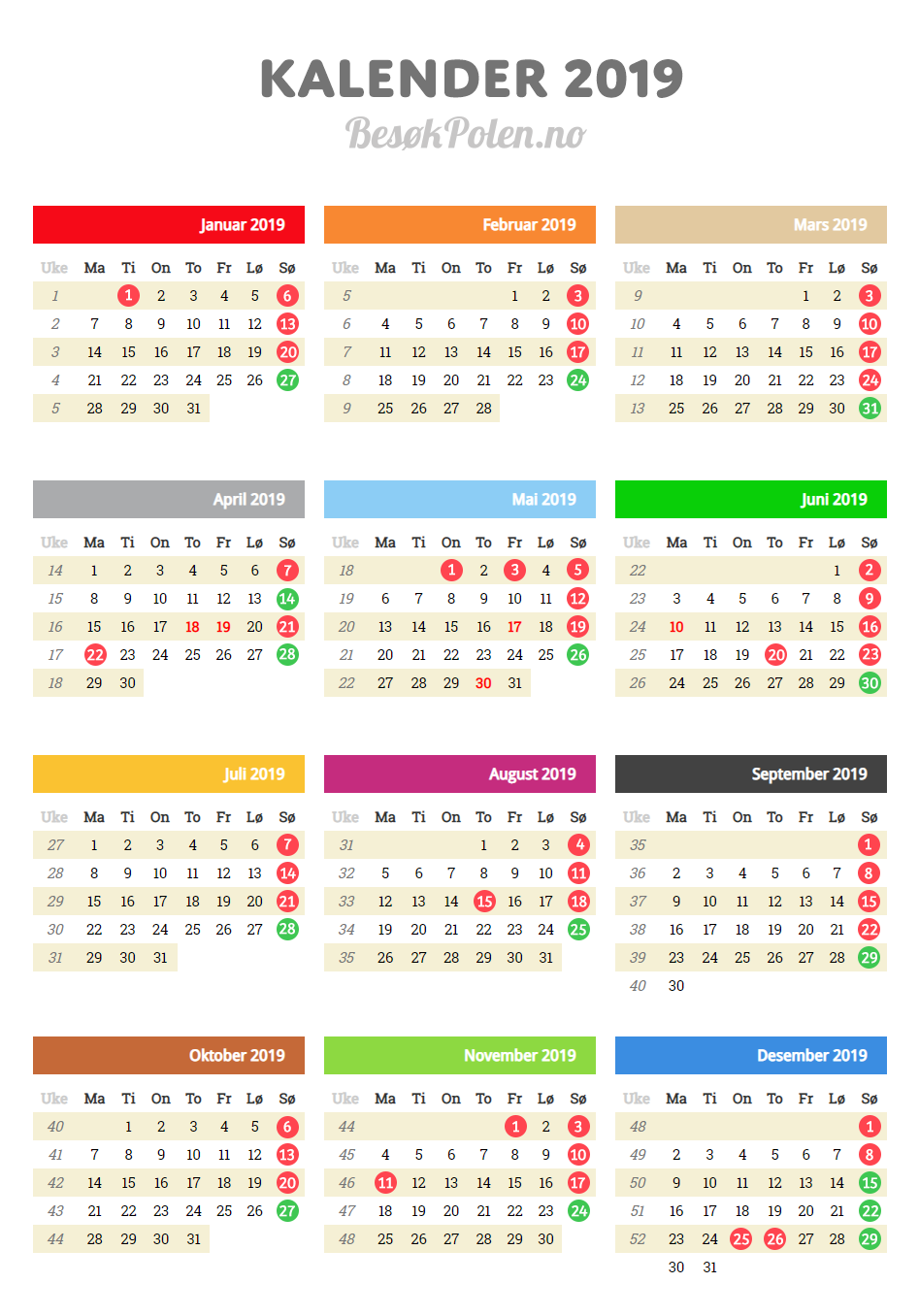 Kalender med helligdager 2020