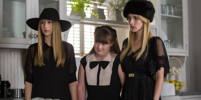 AMERICAN HORROR STORY: COVEN Head - Episode 309 (Airs Wednesday, December 11, 10:00 PM e/p) --Pictured: (L-R) Taissa Farmiga as Zoe, Jamie Brewer as Nan, Emma Roberts as Madison -- CR. Michele K. Short/FX 