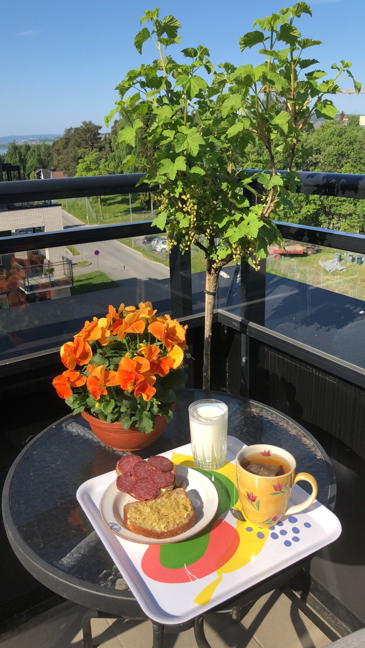 Lunsj på terrassen med brødskiver, te og melk.