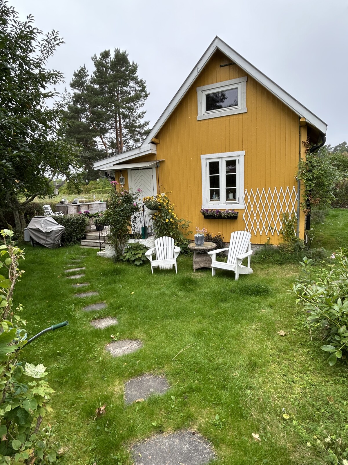 Gul og idyllisk hytte på Lindøya i Oslofjorden