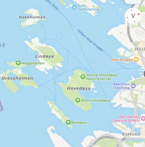 Kart over rutebåtnettet og øyene inndrevet Oslofjord med avgang fra Aker brygge