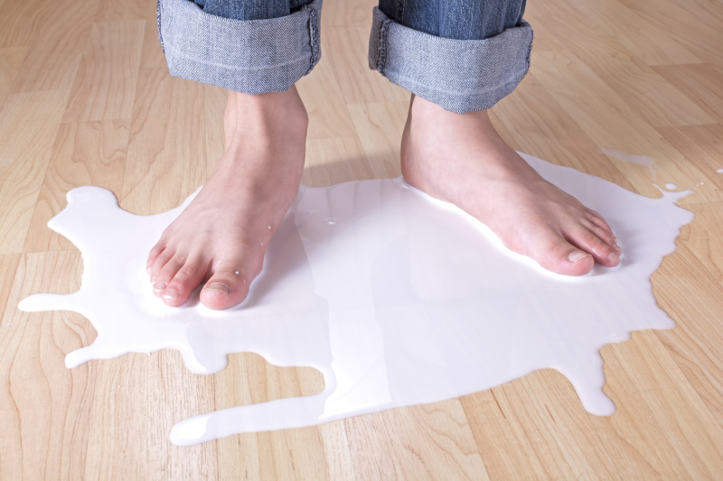 Closeup of child's bare feet standing in spilled milk on wood floor