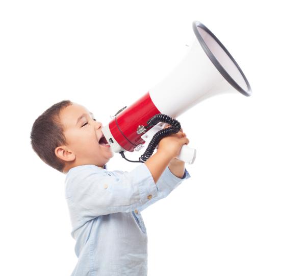 portrait of a little boy shouting with the megaphone