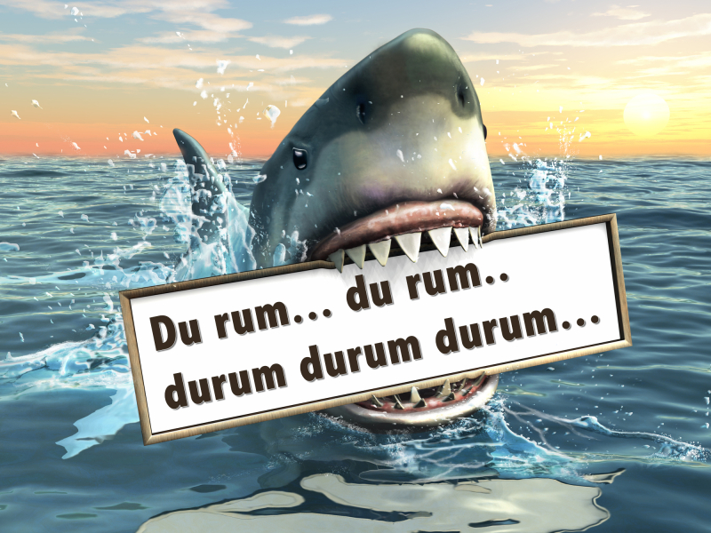 A shark holding a billboard in his mouth. Copyspace available to insert your own text/images. Digital illustration.
