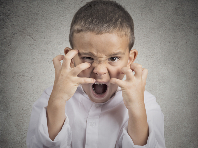 Closeup portrait angry child, Boy Screaming hysterical demanding, having nervous breakdown isolated grey wall background. Negative human Emotion Facial Expressions, body language, attitude, perception