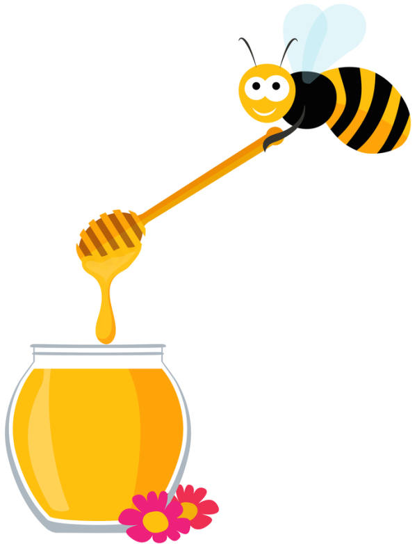 Cute bee carrying a wooden honey spoon and a jar of honey