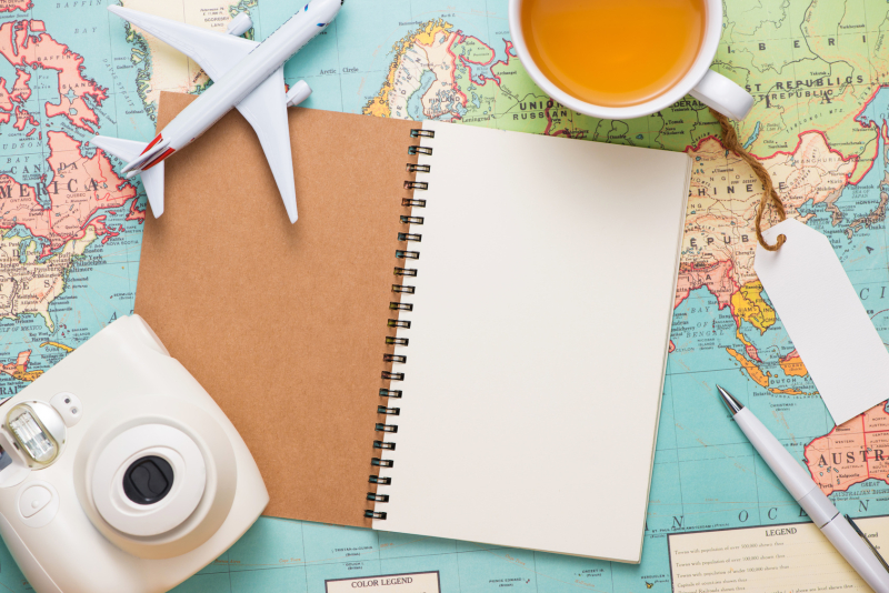 Travel. Trip. Vacation - Top view of airplane, camera, passport and touristic map